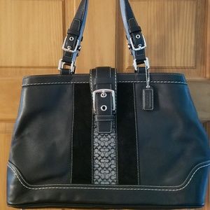 Authentic Black Leather Coach Buckle Tote Handbag